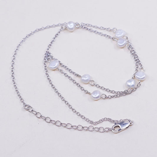 16+2", vtg handmade Sterling silver Circle link chain with pearl beads