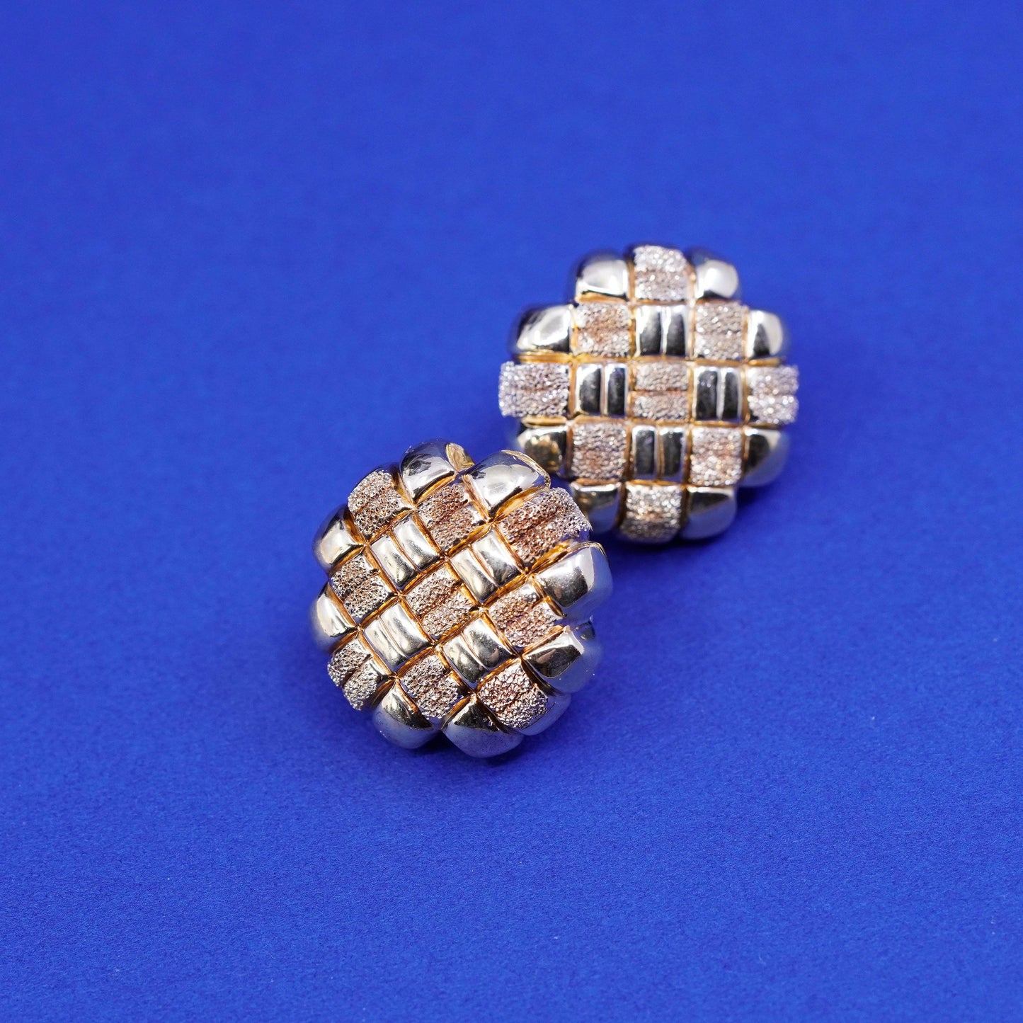 Italy vermeil gold sterling silver handmade earrings, matte 925 checker studs