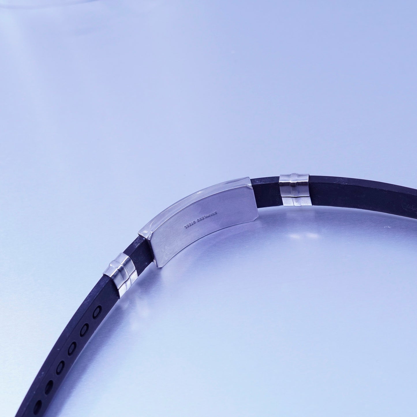 Size adjustable, vintage silver tone stainless steel cross black rubber band