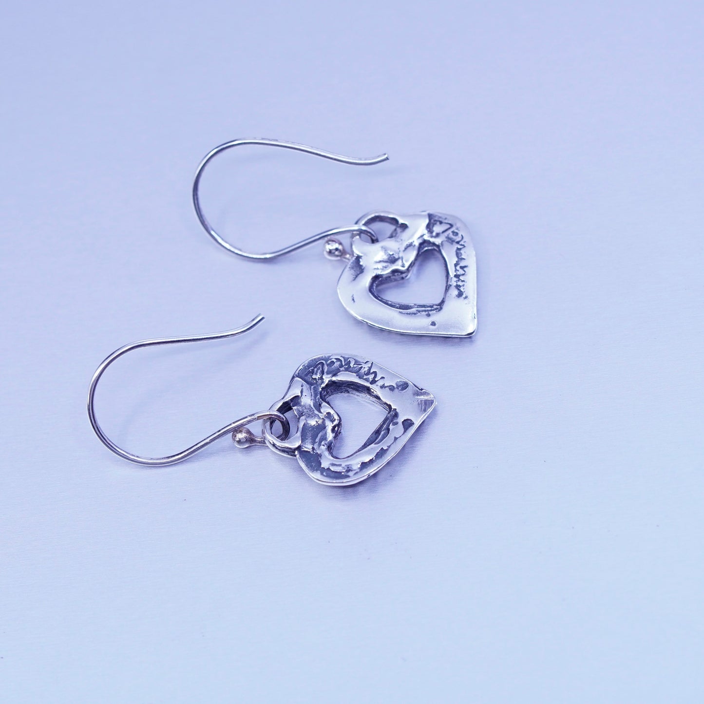 Vintage Sterling 925 silver handmade textured heart earrings