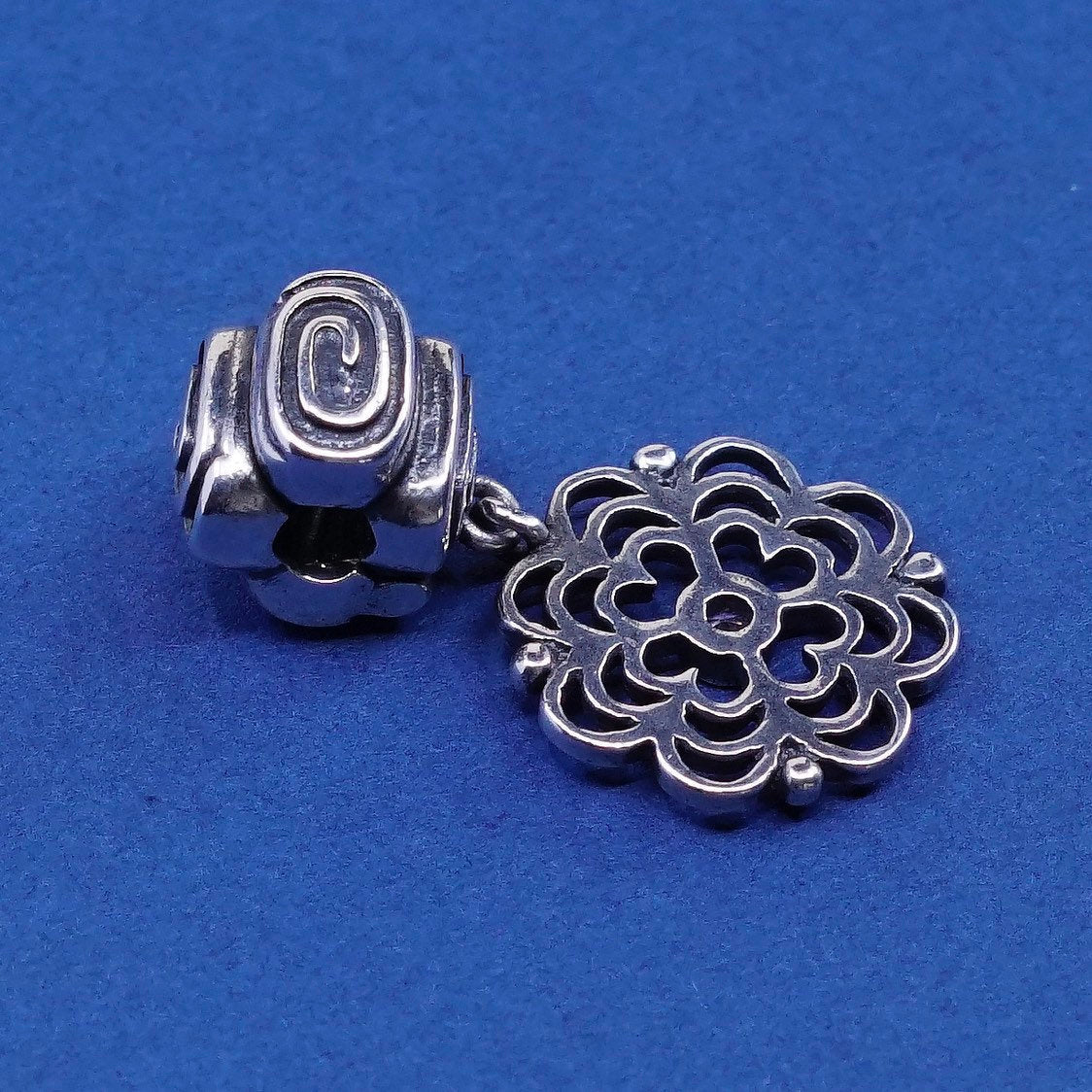 vtg sterling silver handmade pendant, 925 bead charm w/ Flower dangle