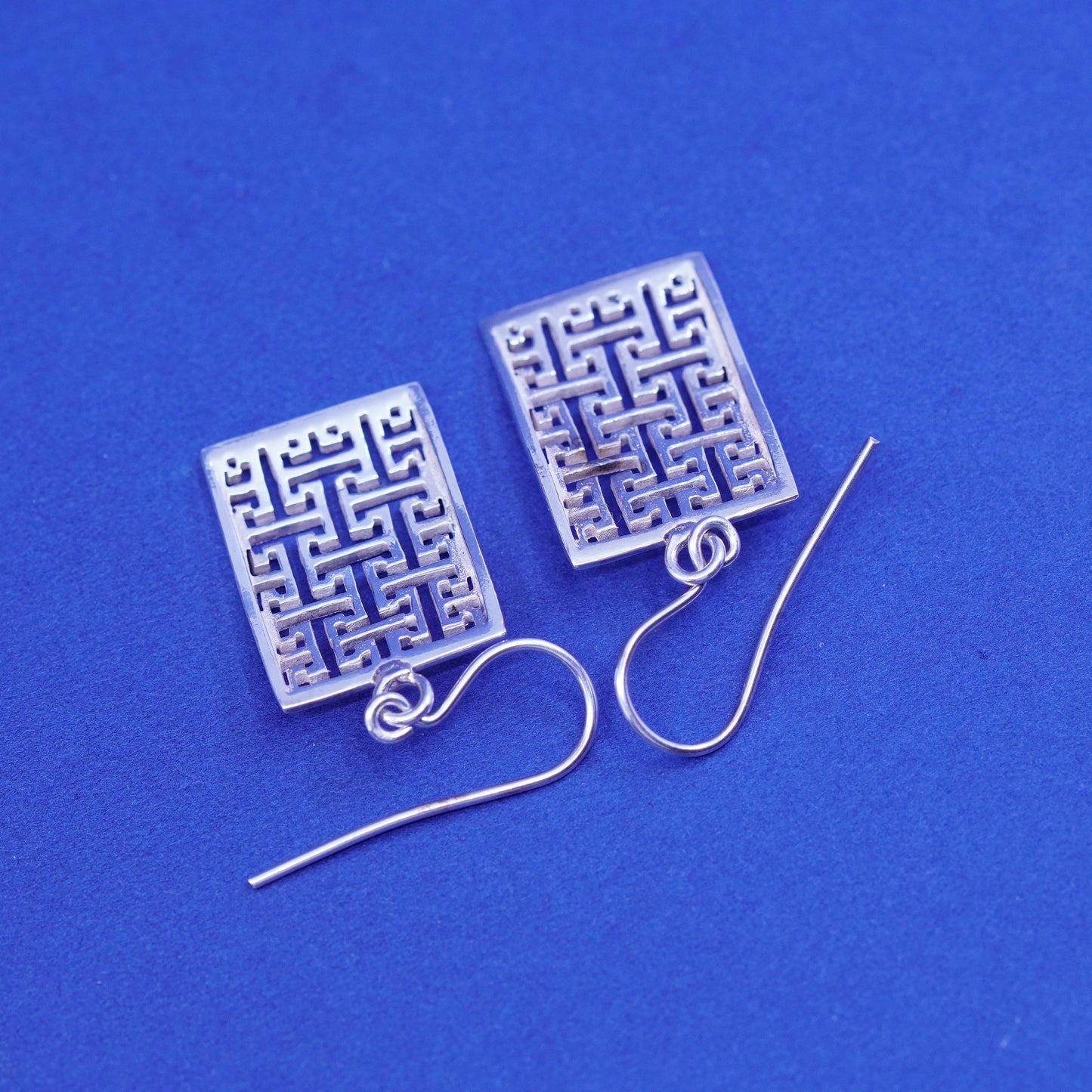 Vintage sterling silver handmade earrings, 925 filigree rectangular dangles