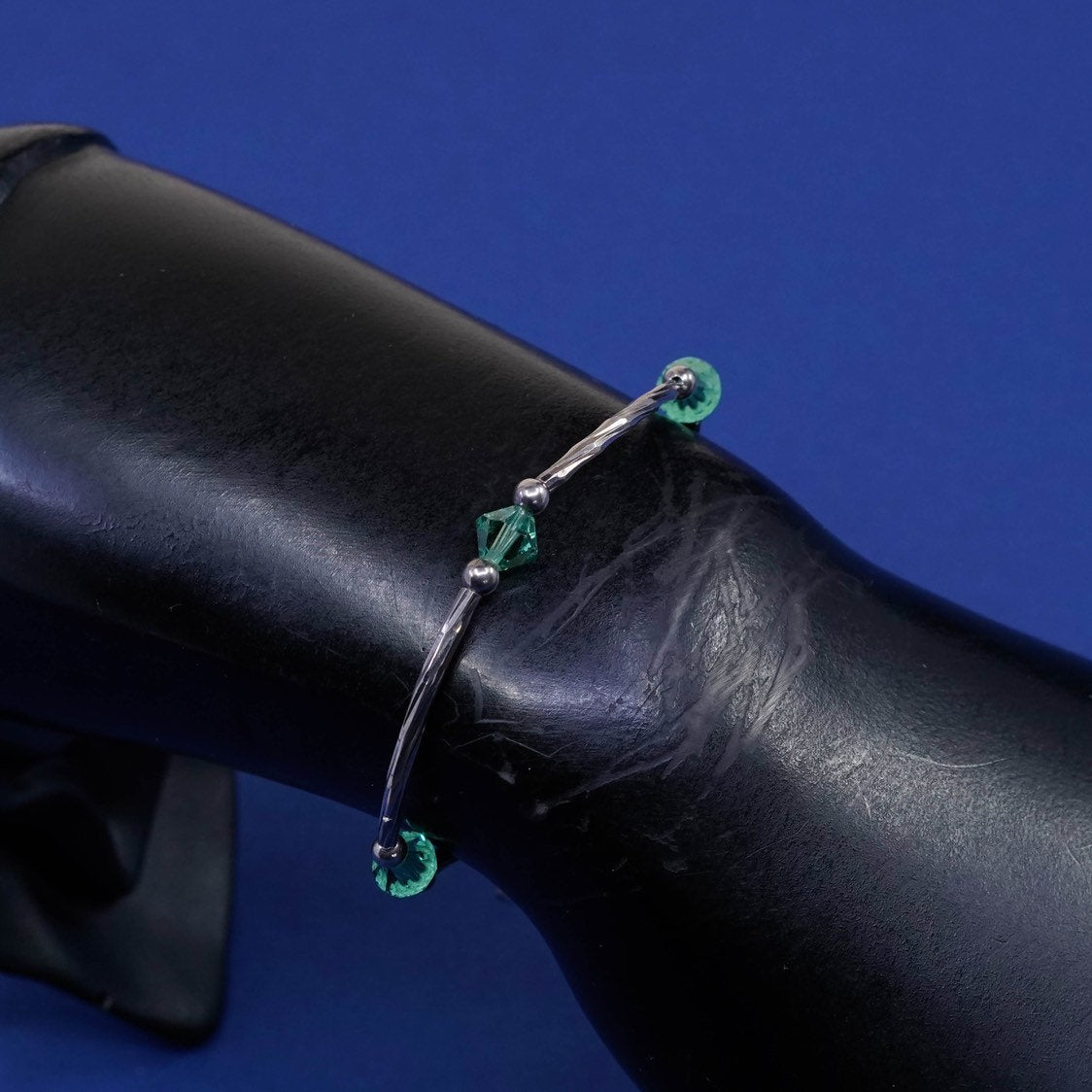 6.5", Sterling silver handmade bracelet, 925 bar tube w/ blue crystal beads