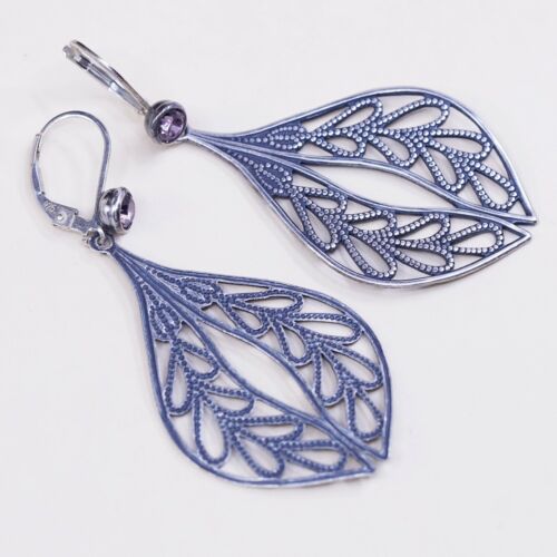 vtg Sterling 925 silver handmade earrings filigree leaf N Amethyst