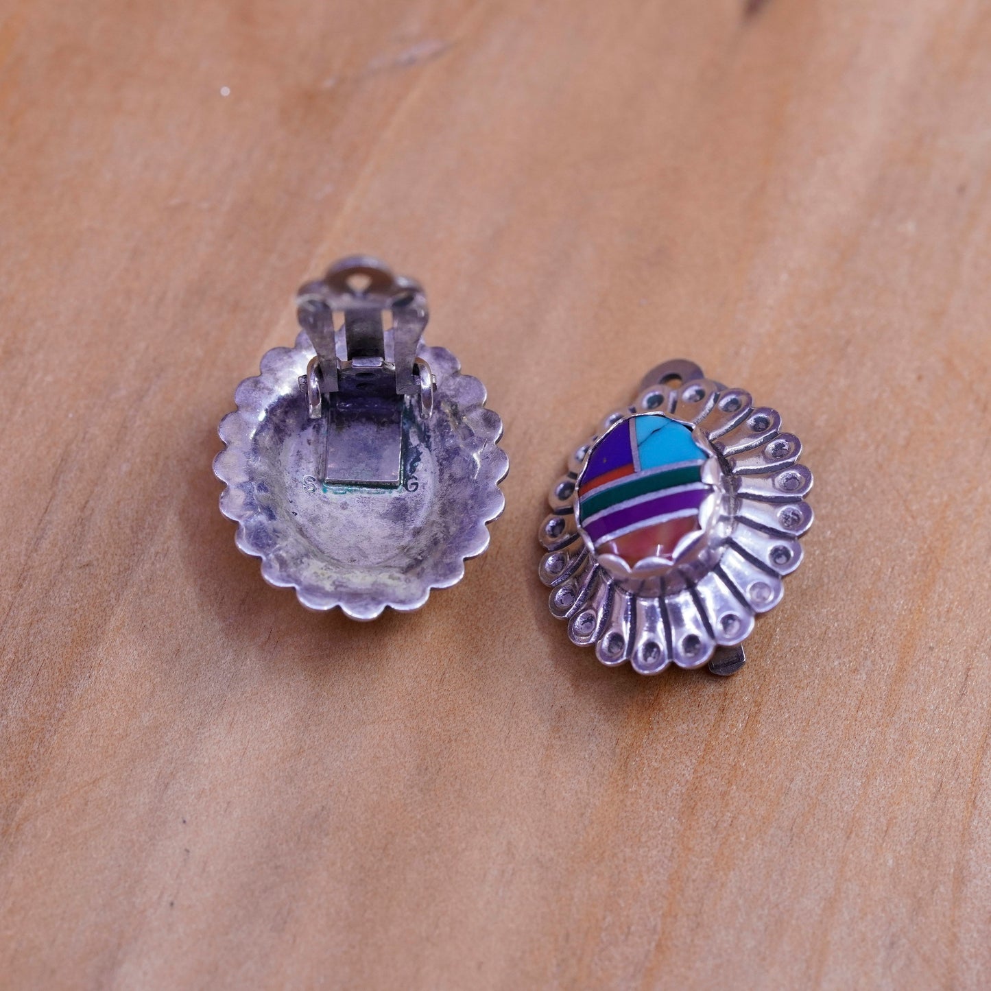 Native American zuni Sterling handmade earrings, 925 oval clip on