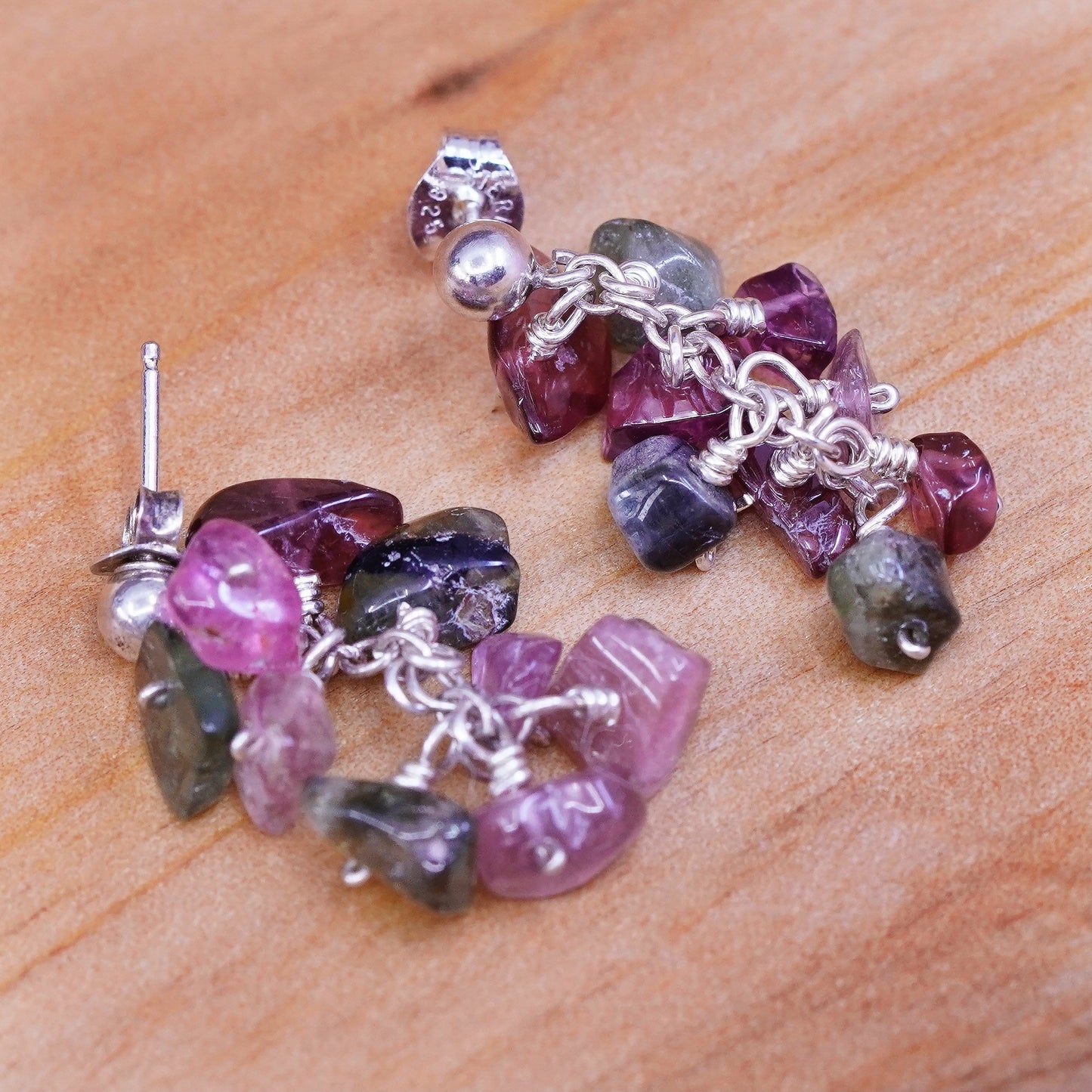 Vintage Sterling 925 silver Handmade earrings with cluster amethyst jade