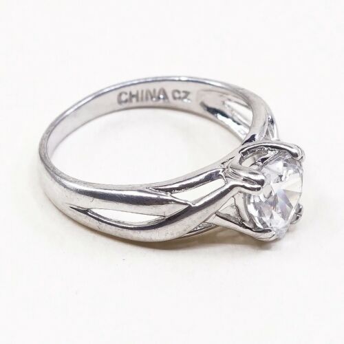 Sz 6, Vtg Sterling Silver handmade Ring, 925 Ring W/ Heart Shaped Cz