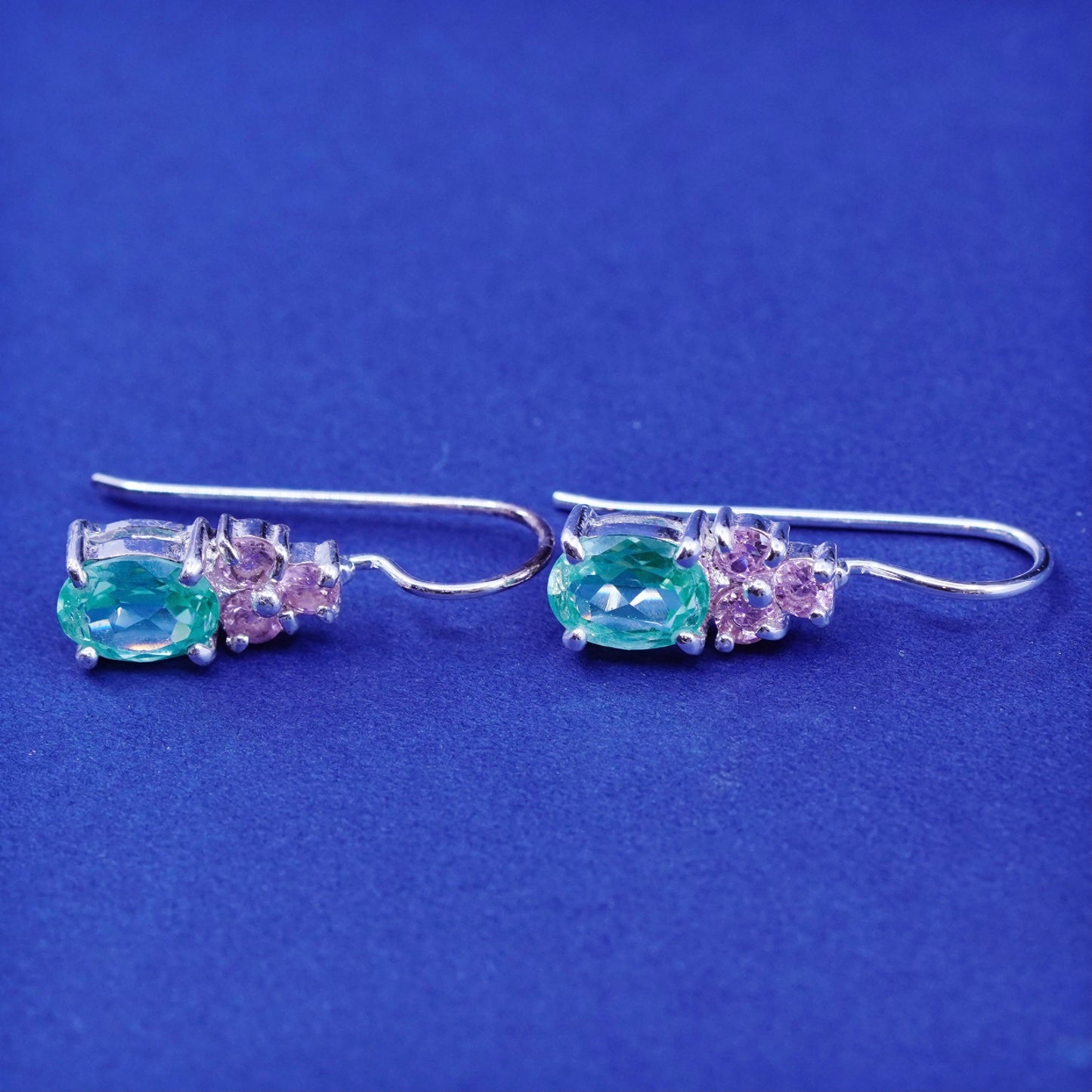 Vintage sterling silver handmade earrings, 925 oval peridot and pink cz