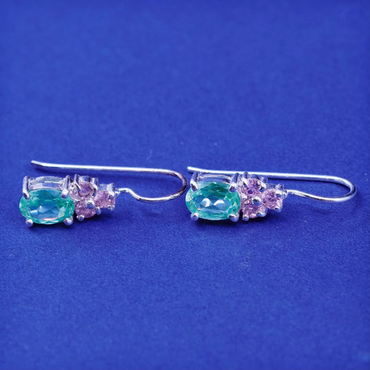 Vintage sterling silver handmade earrings, 925 oval peridot and pink cz