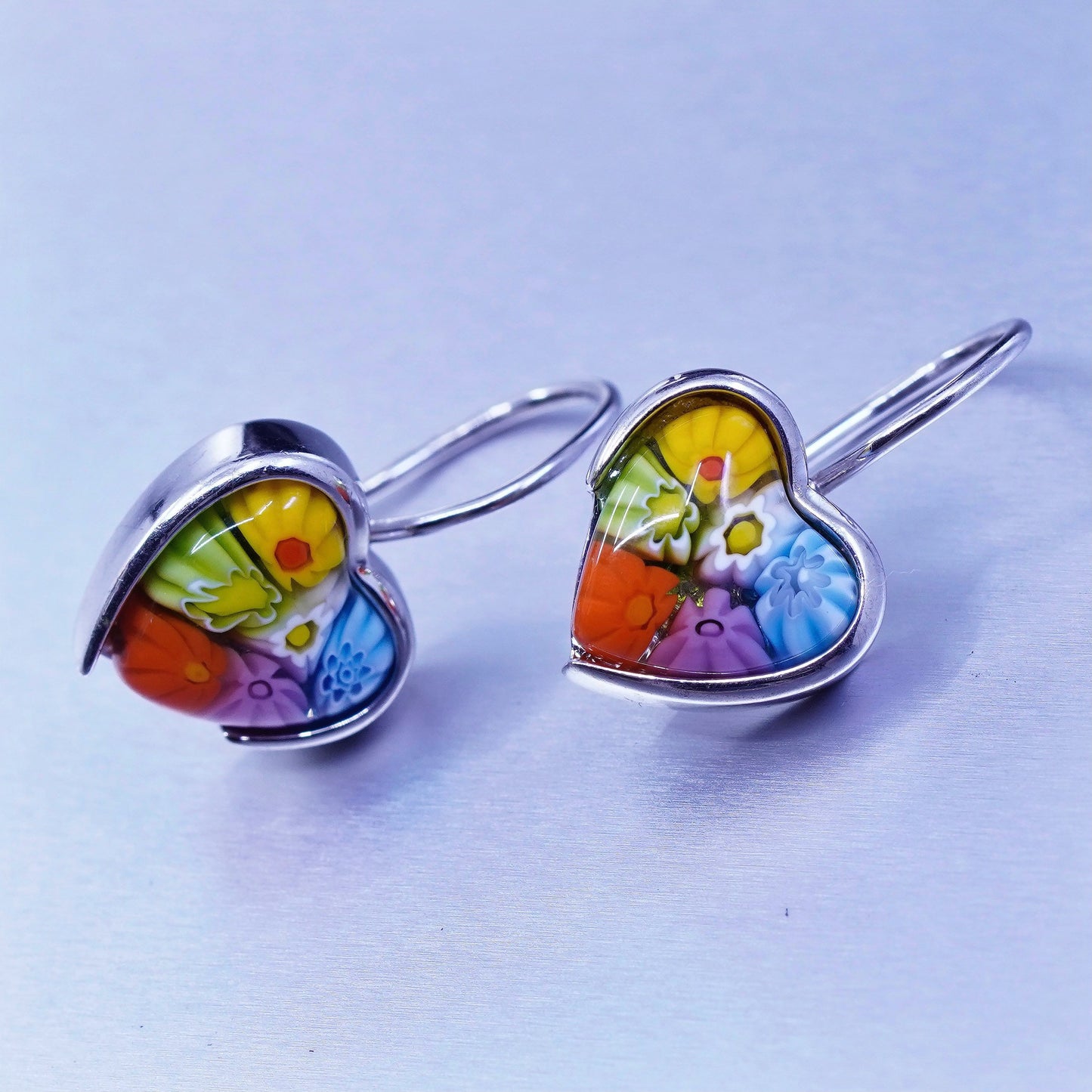 Italian Alan K sterling 925 silver earrings multiciori heart, murano glass