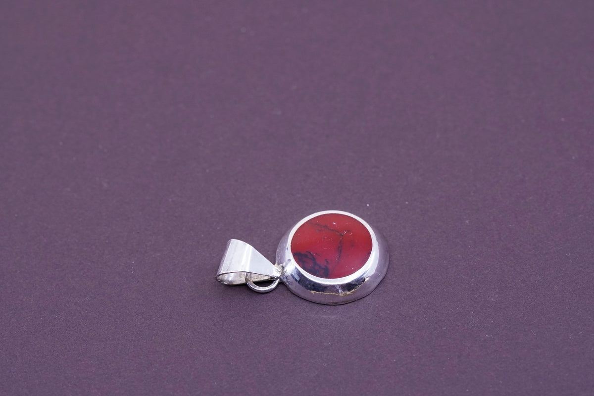 Vintage Sterling 925 silver handmade round pendant with red jasper