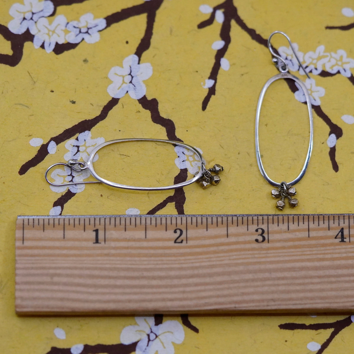 Vintage Sterling silver handmade earrings, 925 double oval dangle w/ gold beads