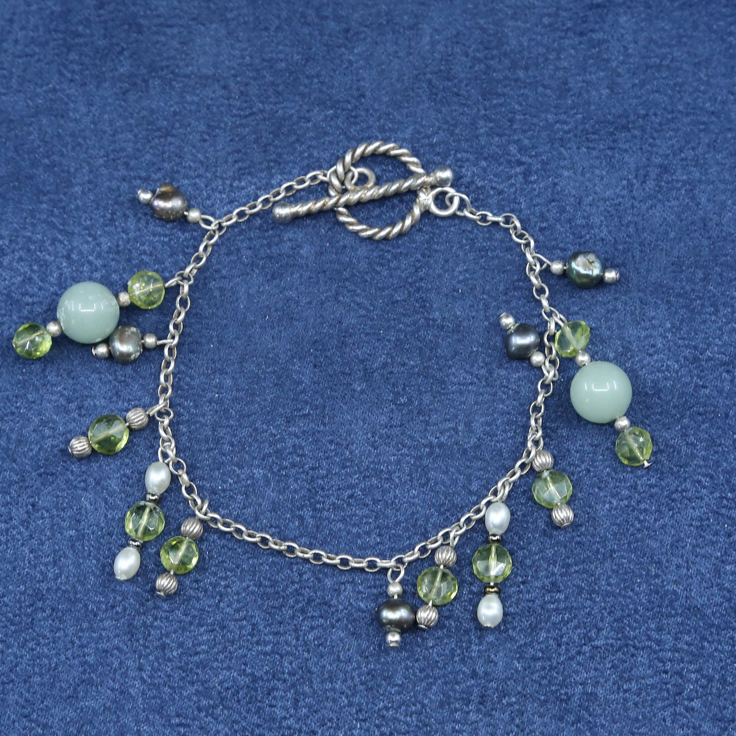 6.5”, sterling silver handmade bracelet 925 circle chain w/ crystal jade charms
