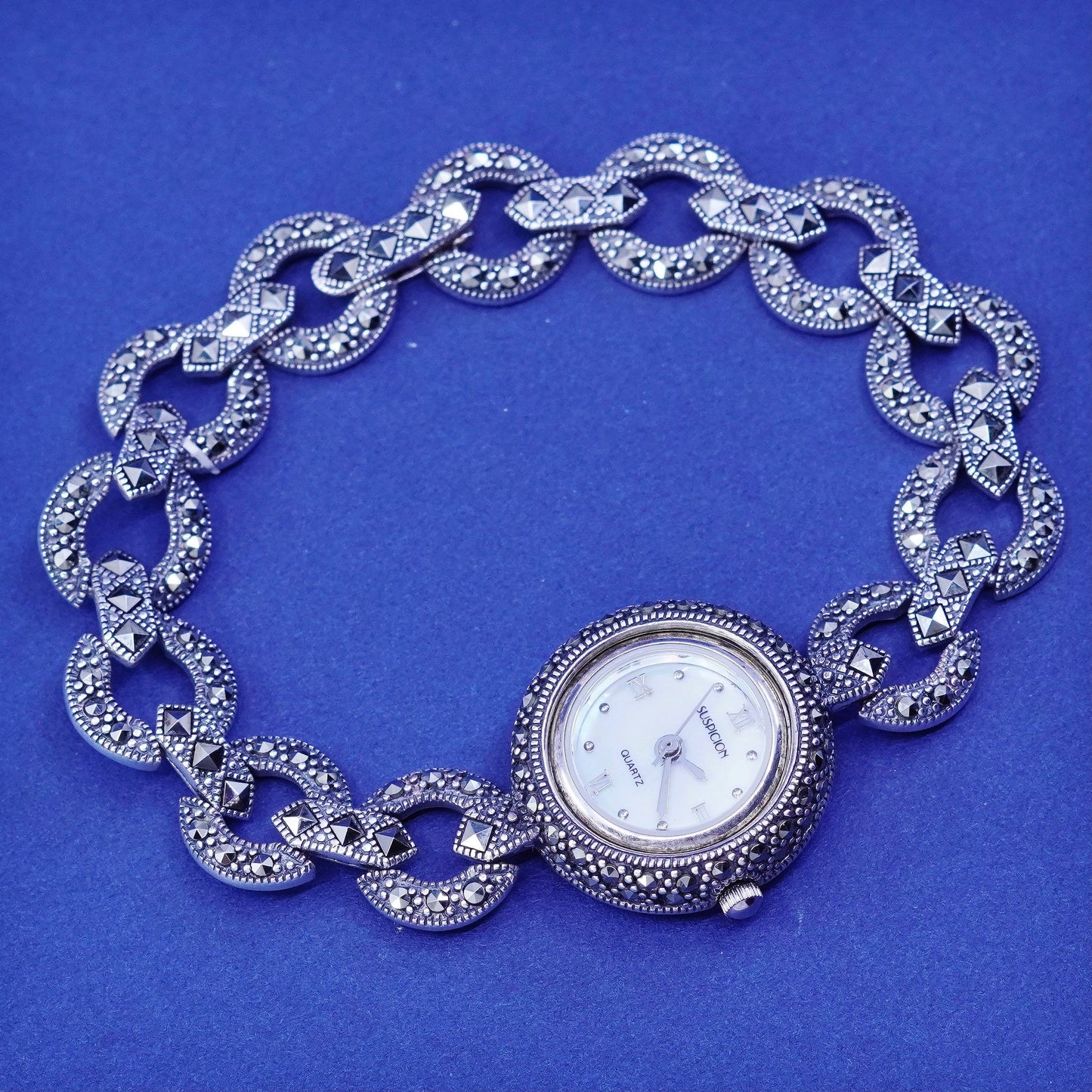 7”, Vtg suspicion lady watch with sterling 925 silver band with Marcasite