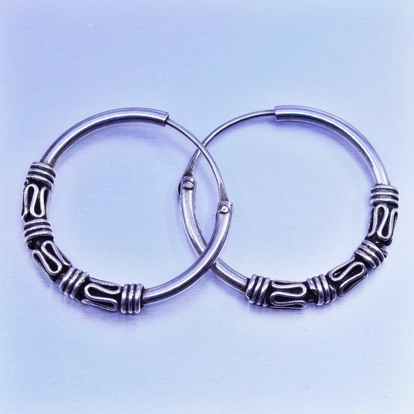 0.75”, vintage Sterling silver handmade earrings, textured 925 hoops