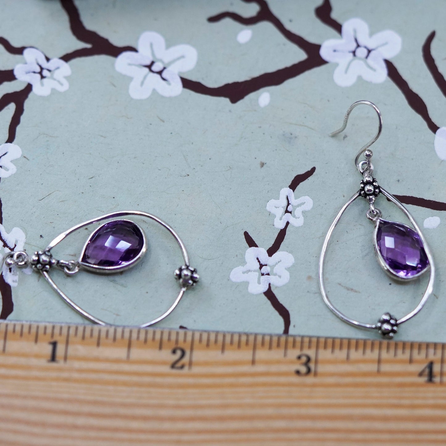 Vintage peyote bird sterling 925 silver handmade earrings w/ teardrop amethyst