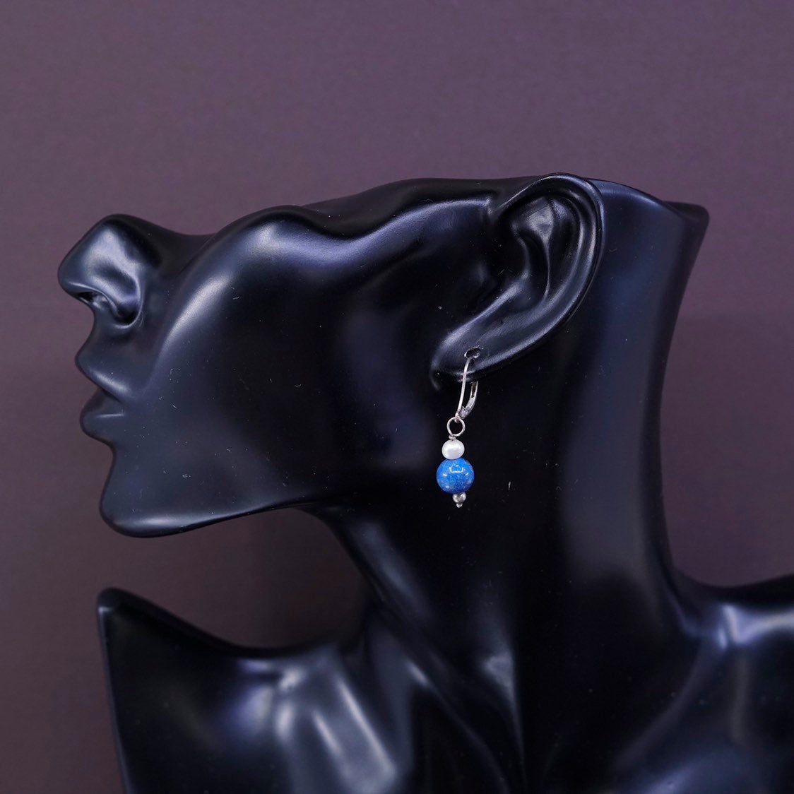 VTG Sterling silver handmade earrings, 925 w/ Sodalite and pearl beads dangle