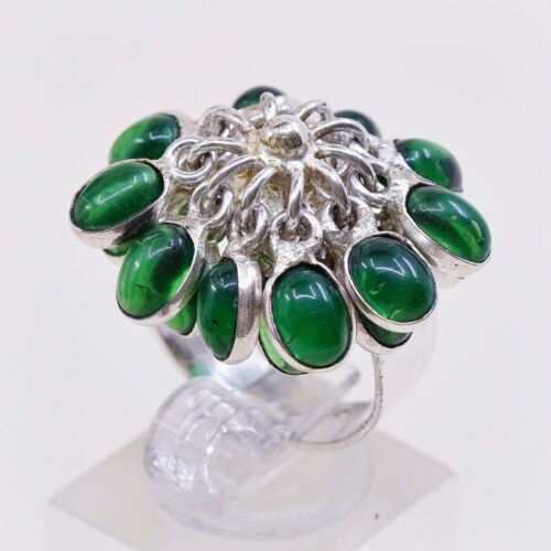Sz 8.25, Vtg Sterling Silver Handmade Ring, 925 Flower W/ Green Cluster Glass