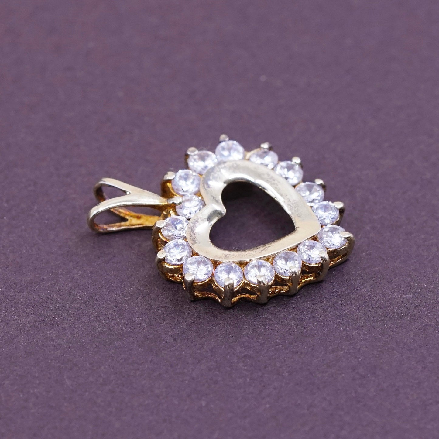 vtg vermeil gold over sterling silver handmade pendant, 925 heart with crystal