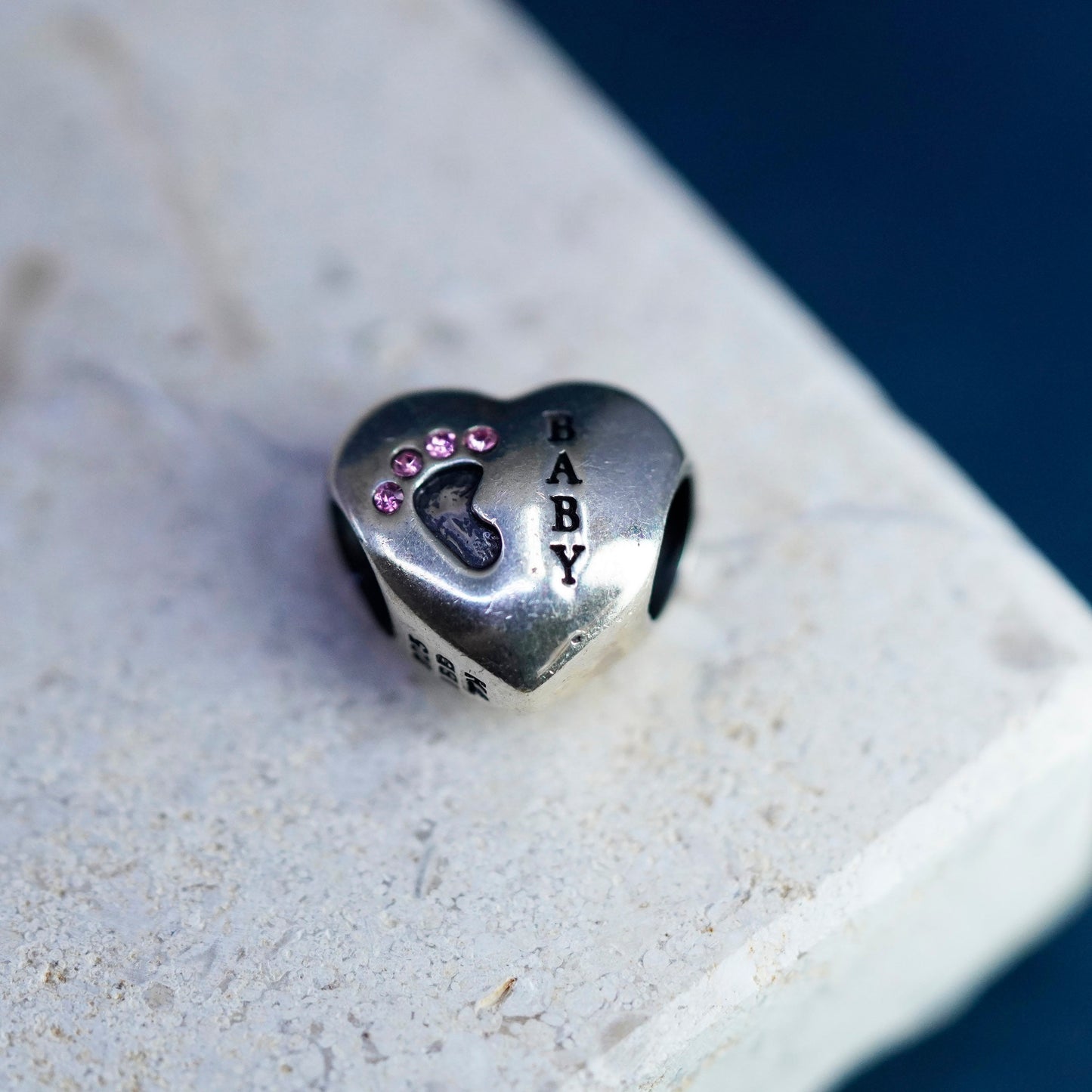 Vintage sterling silver handmade charm pendant, 925 heart bead embossed “baby”