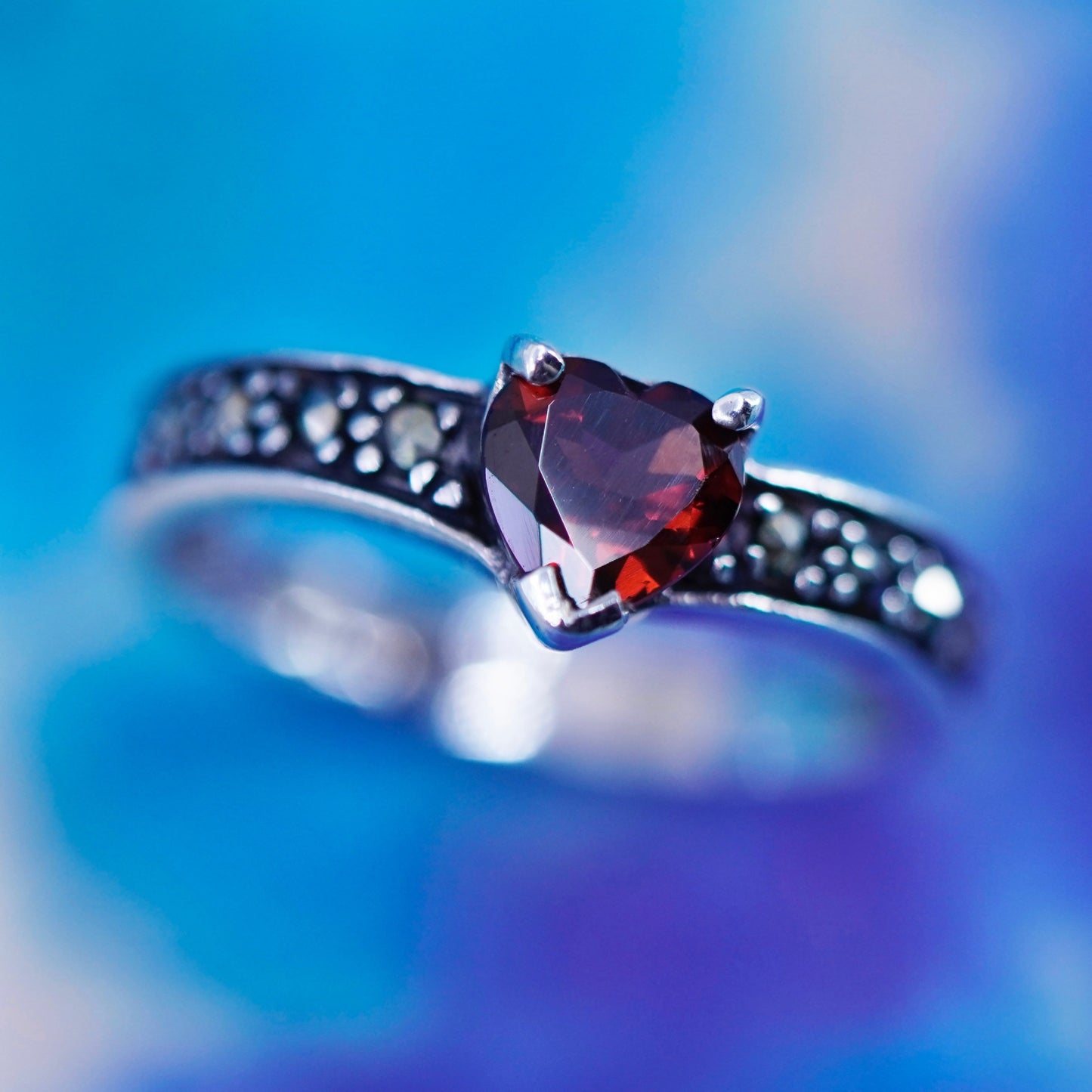 Size 7.5, Sterling silver handmade ring 925 stackable band heart ruby marcasite