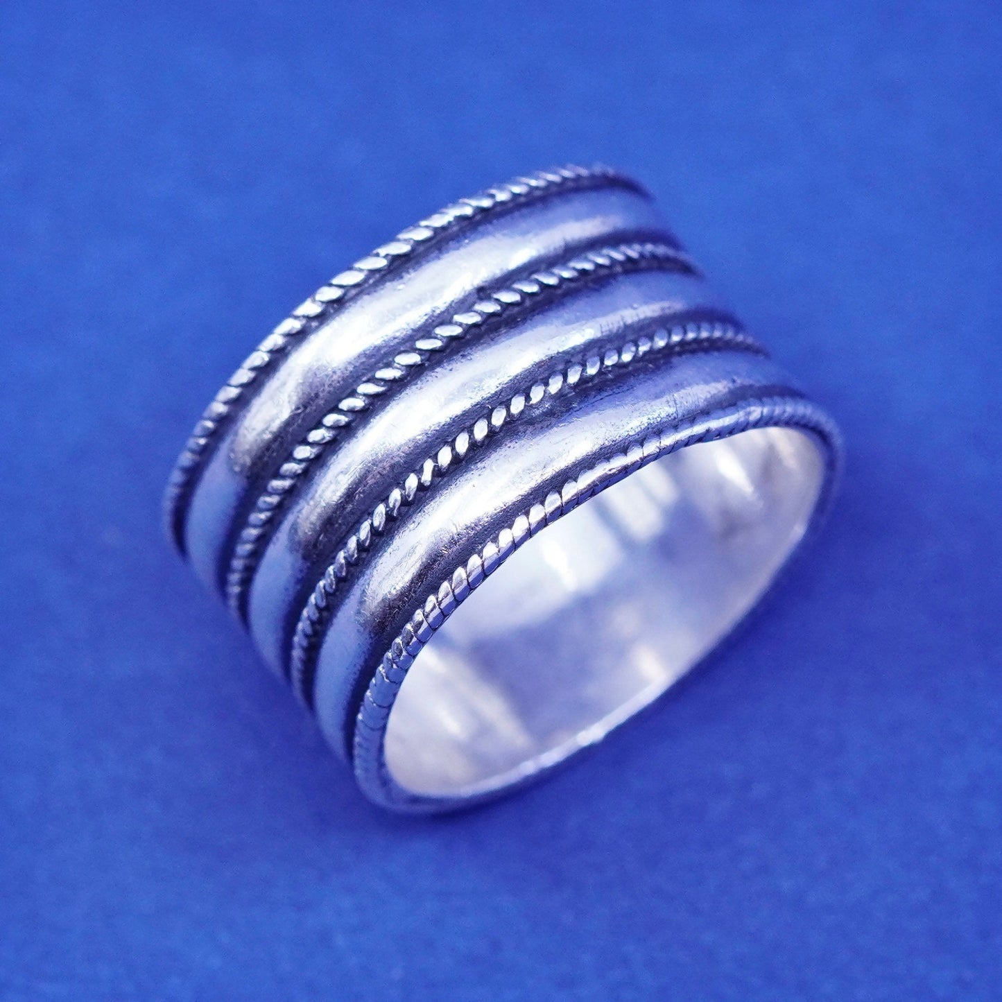 Size 7, vintage Sterling silver handmade band, wide 925 ribbed cable band