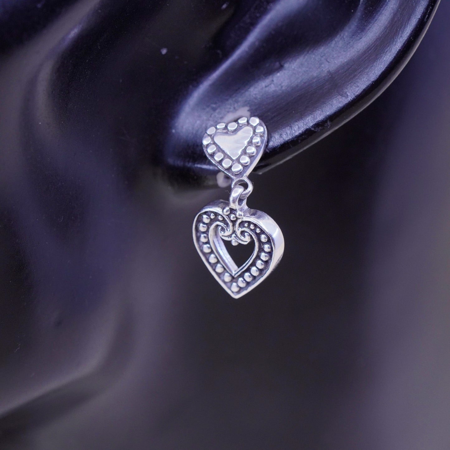 Vintage sterling silver handmade earrings, 925 heart dangles with beads