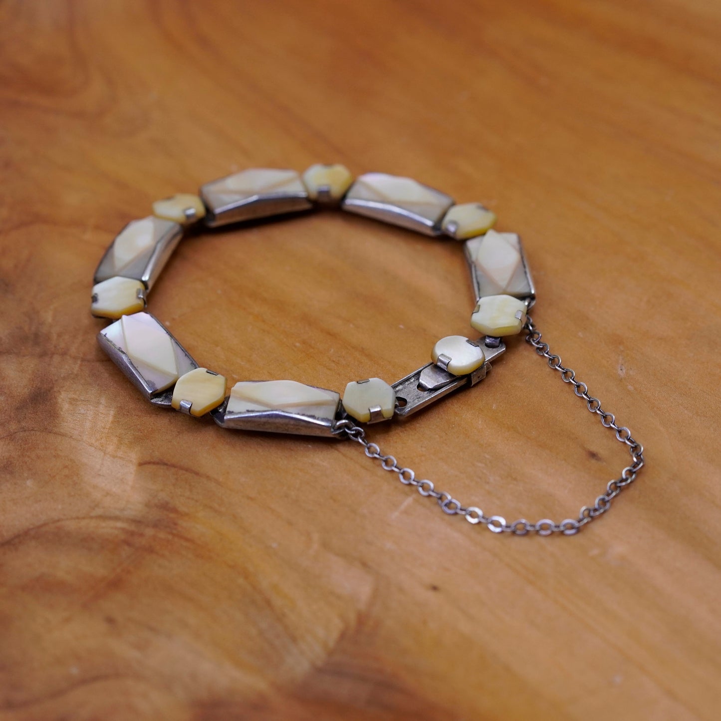 6.5”, vintage jewelry Sterling 925 silver tennis bracelet with mother of pearl