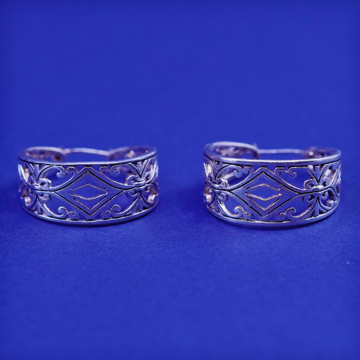 1”, Vintage Sterling silver handmade earrings, 925 filigree floral hoops Huggie