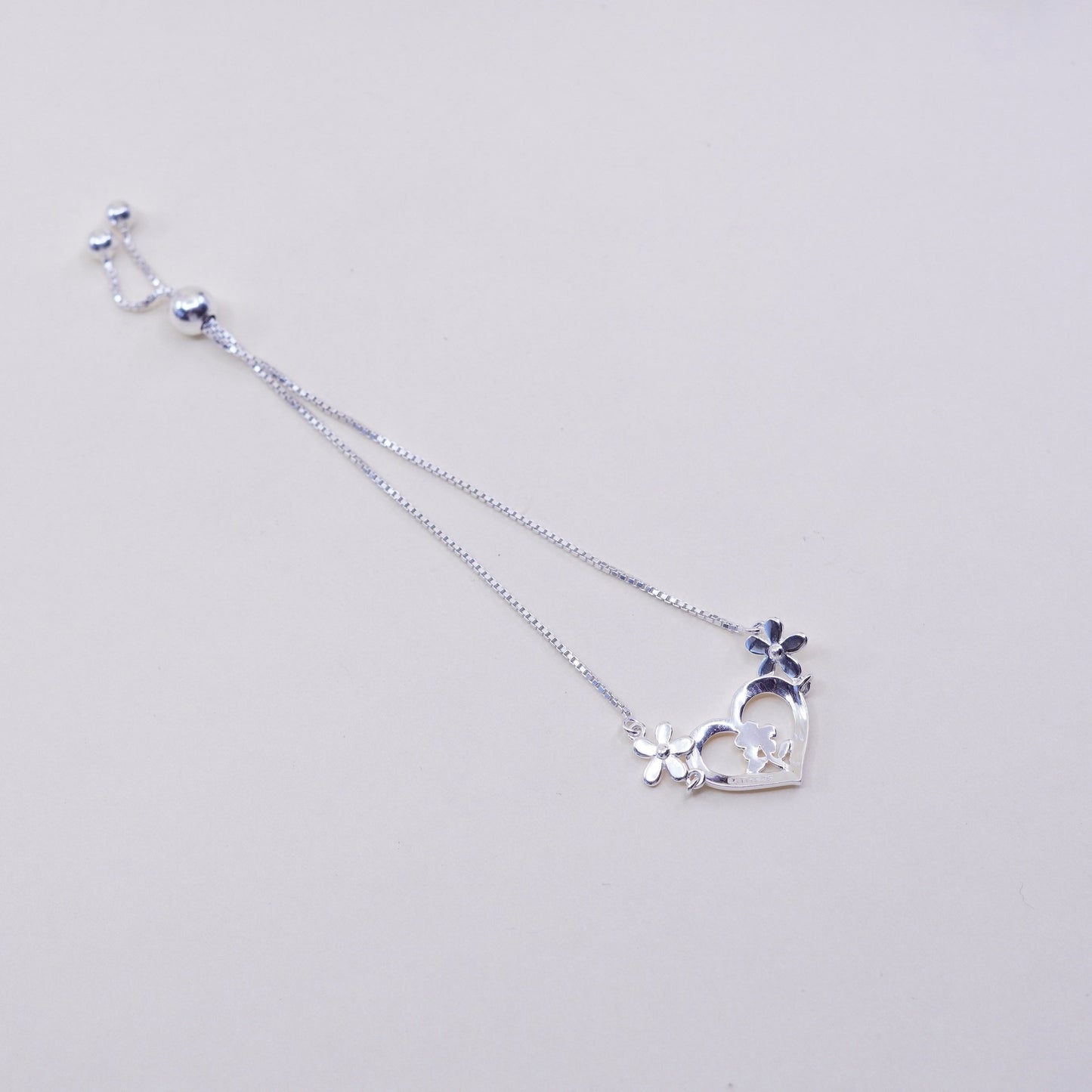 Size adjustable, sterling silver bracelet, fine 925 box chain w/ heart N flower