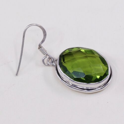 Vtg STERLING 925 SILVER Handmade earrings with Green Cushion Cut Crystal dangles