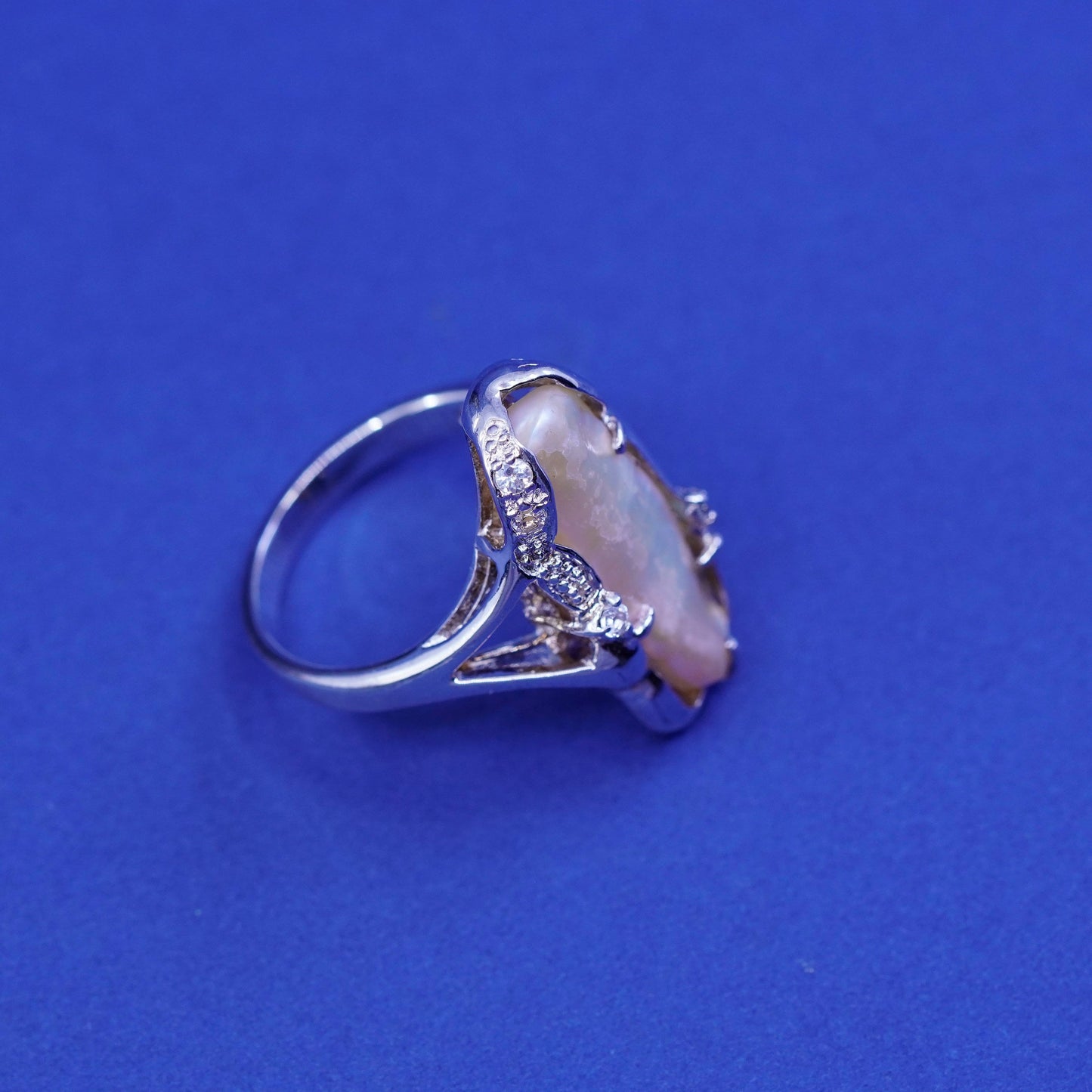 Size 10.25, vtg sterling 925 silver handmade statement ring with pearl and Cz