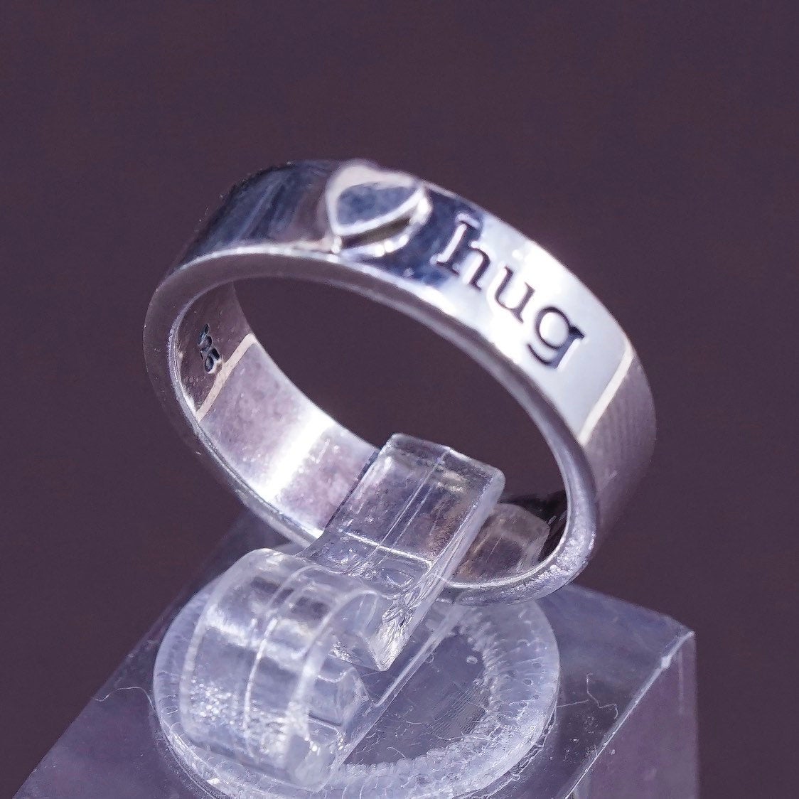sz 6, vtg Sterling silver handmade ring w/ heart Embossed “hug”, 925 band