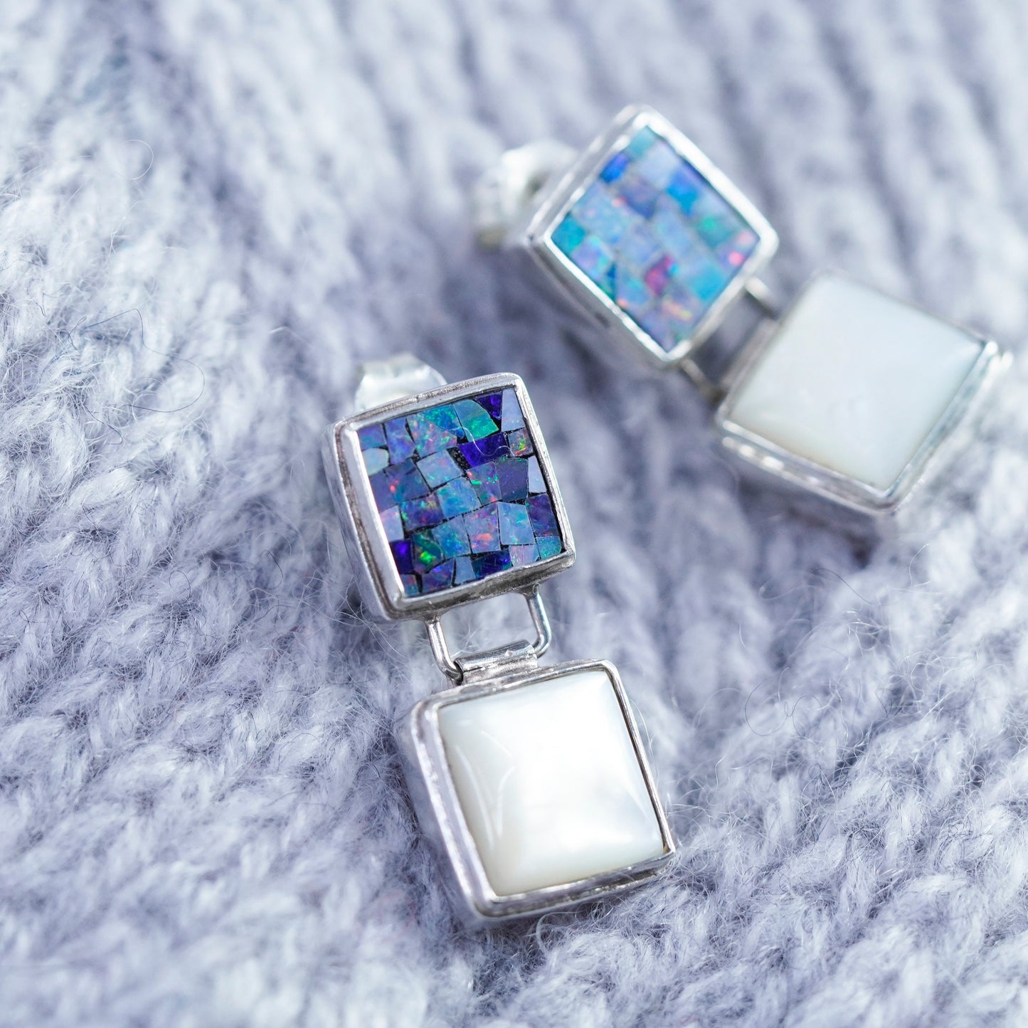 Vintage sterling 925 silver handmade square earrings with opal and moonstone