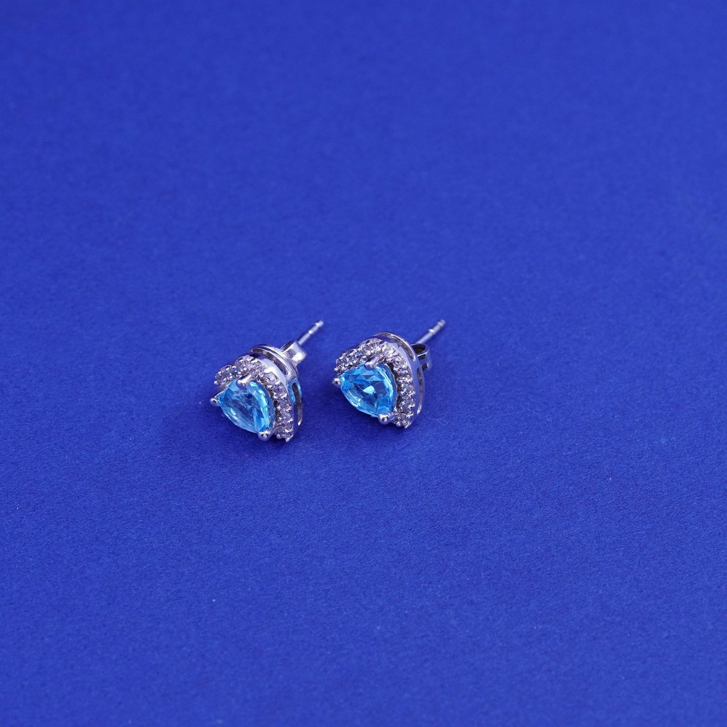 Vintage Sterling silver handmade earrings, 925 heart studs with topaz and cz