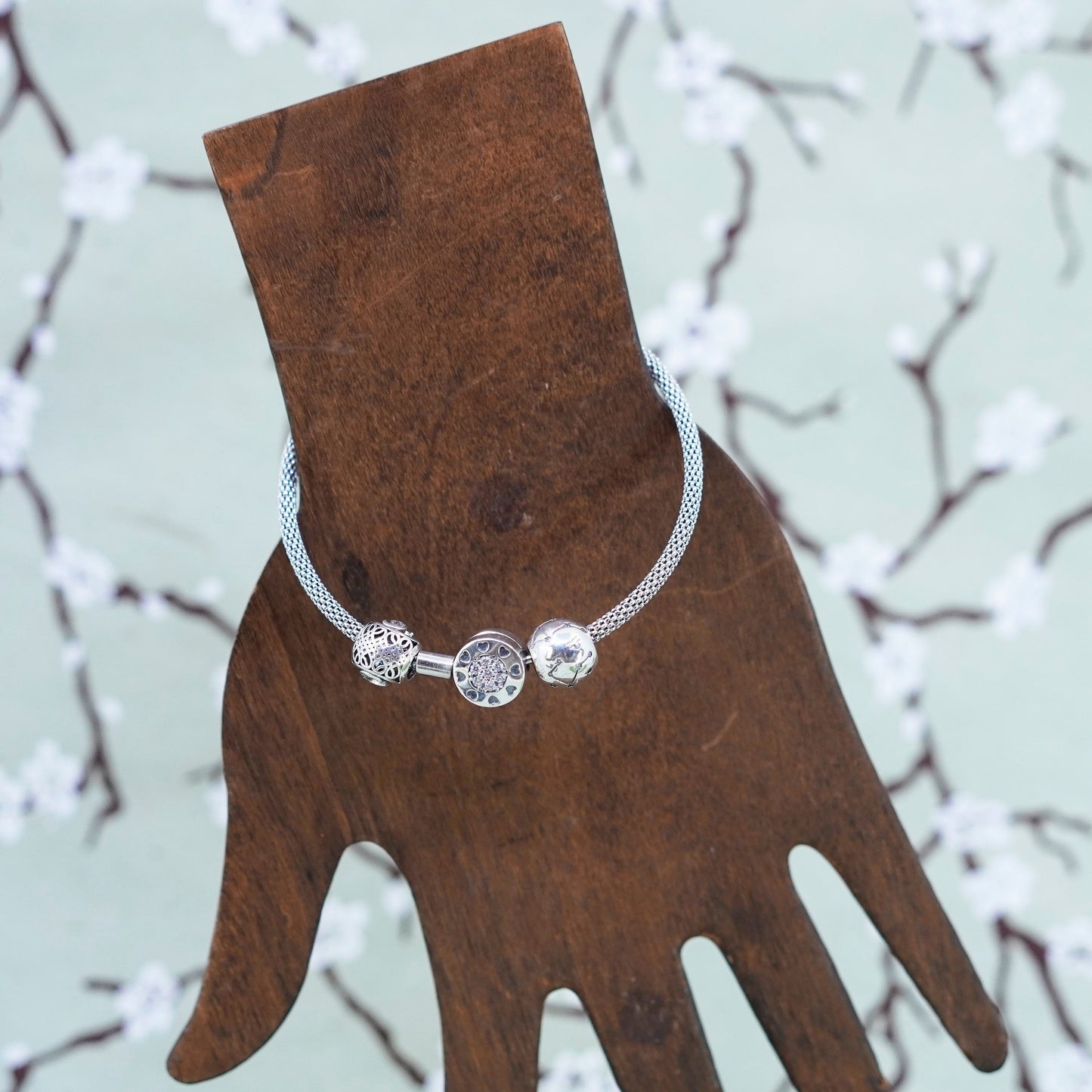 7”, vintage Sterling silver bracelet, 925 bangle with 3 beads charm