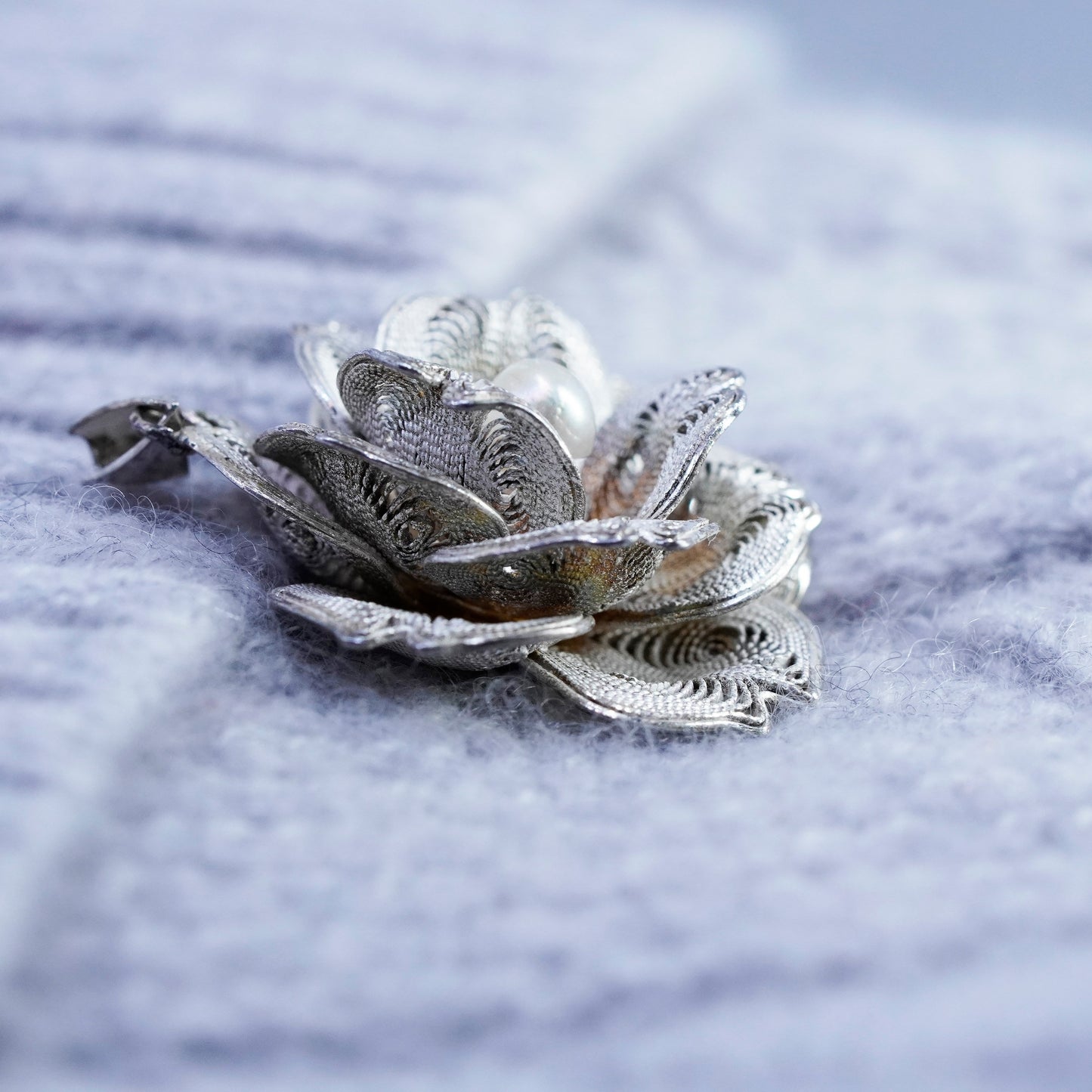 antique sterling 925 silver filigree rose flower pendant charm with pearl