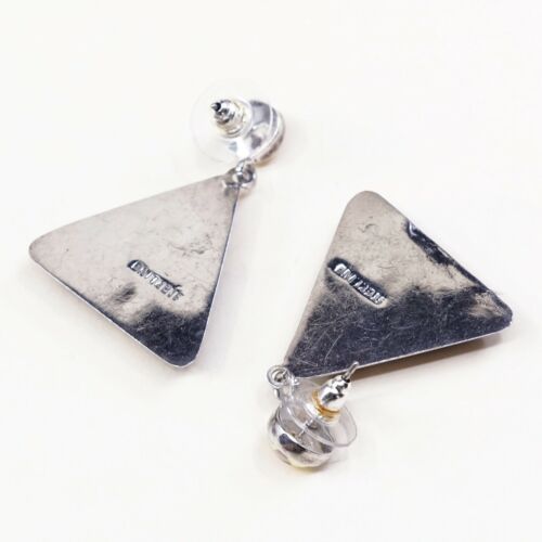 Vtg Modern handmade Sterling 925 Silver Earrings Triangular Green Foiled Glass