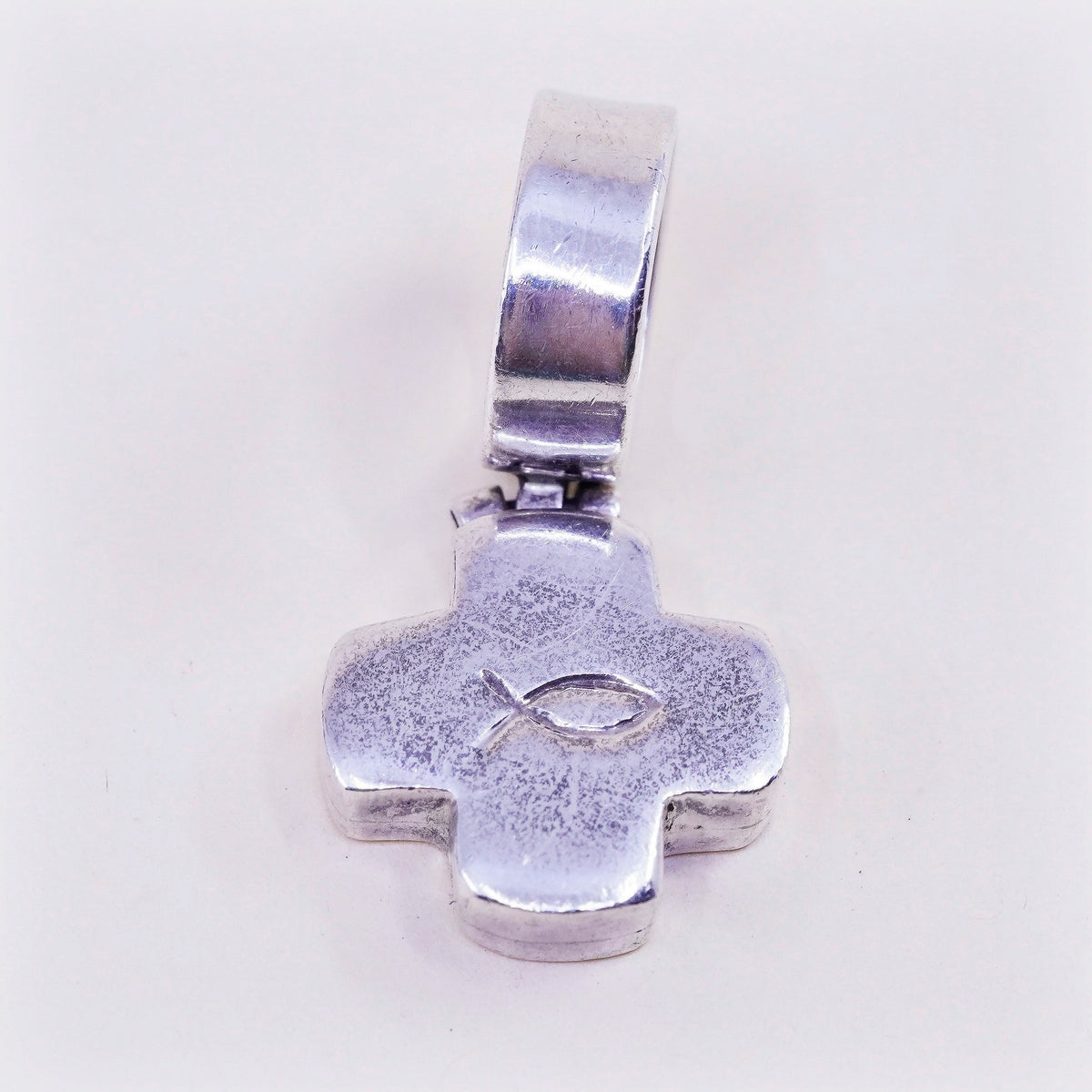 Vintage sterling silver handmade pendant, 925 cross with fish embossed