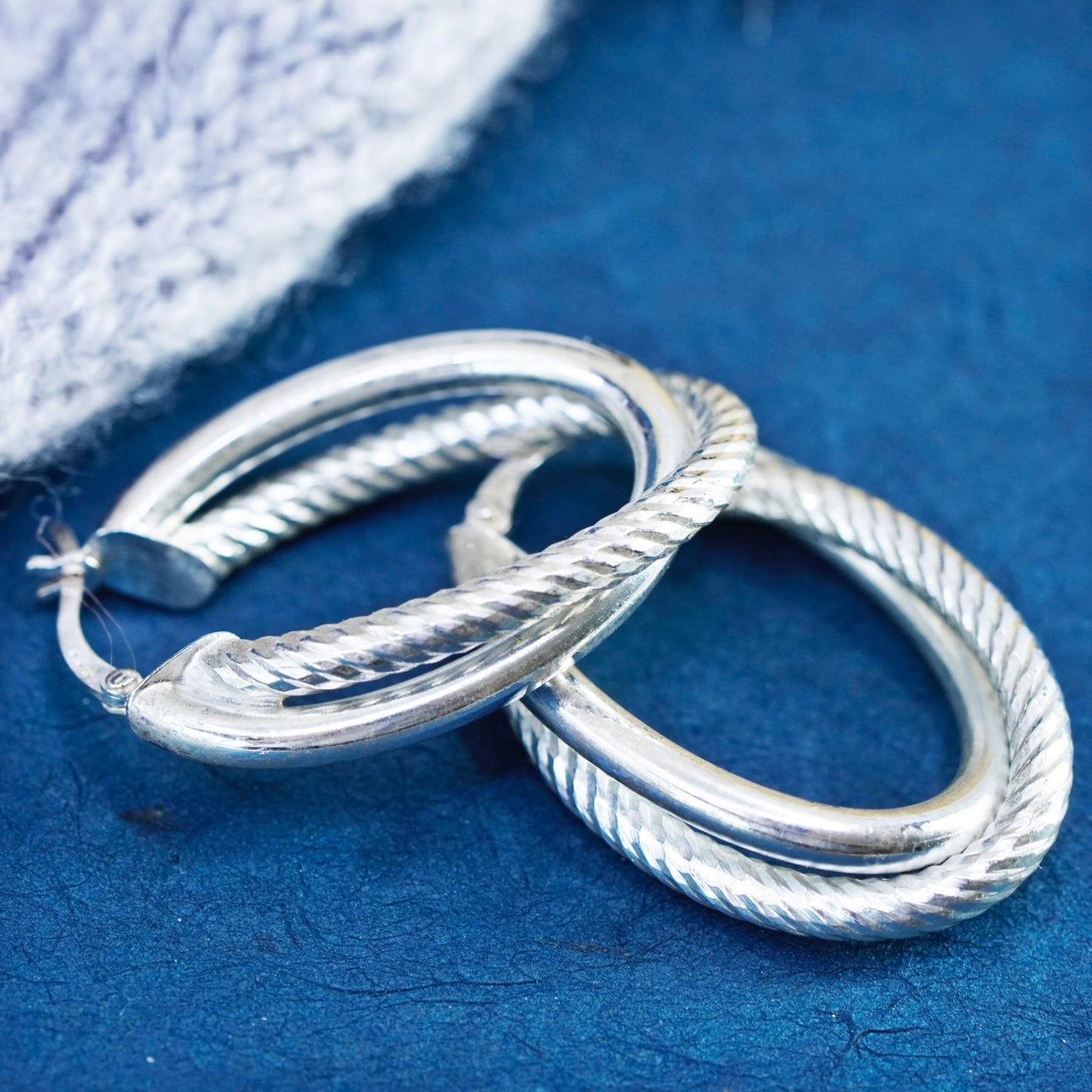 1.25”, vintage Sterling silver handmade earrings, 925 entwined hoops