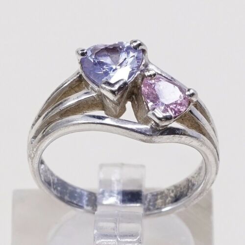 Sz 6 Vtg Sterling Handmade Ring, 925 Double Heart W/ Pink N Amethyst Cz