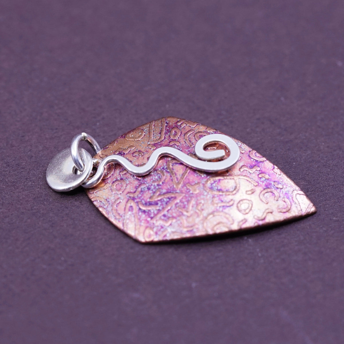 Vintage handmade textured copper tag with sterling 925 silver tornado