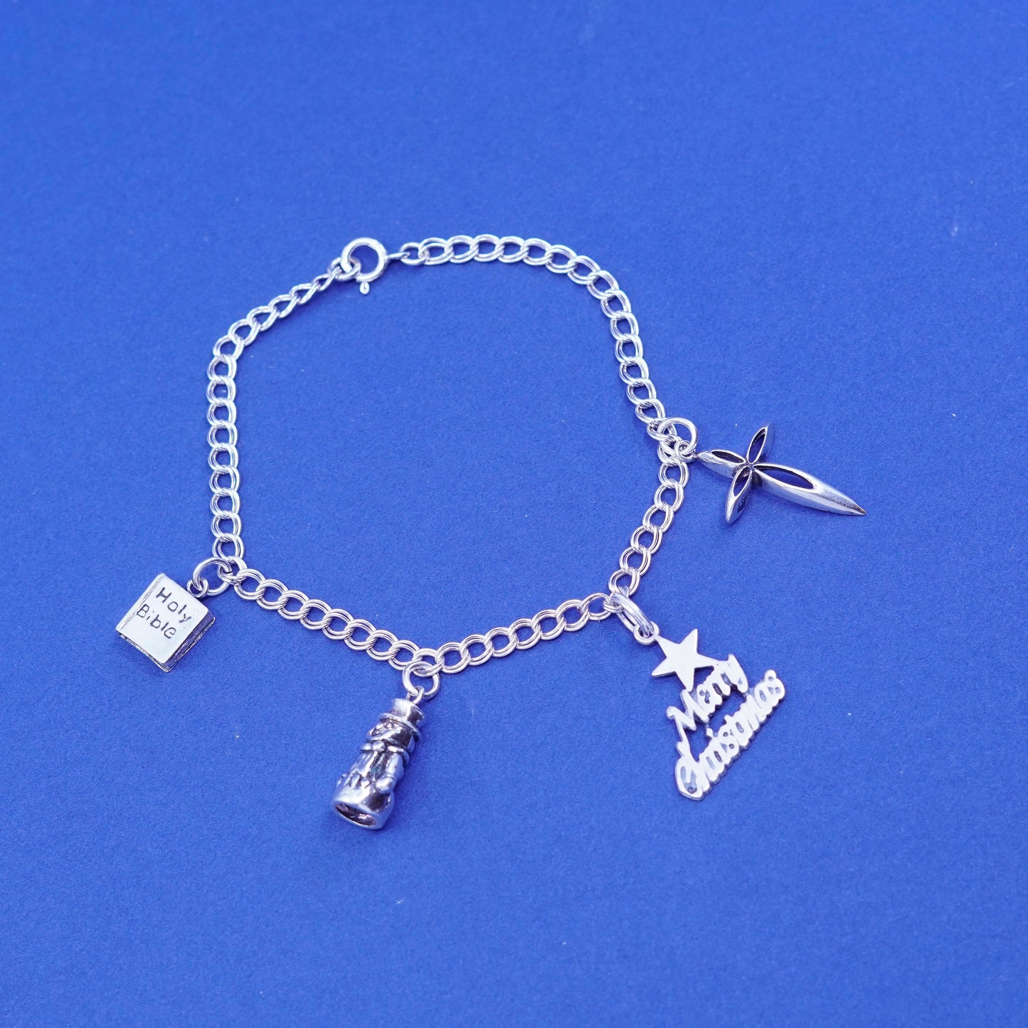 6.75”, vtg Sterling silver bracelet, 925 double curb chain snowman bible cross