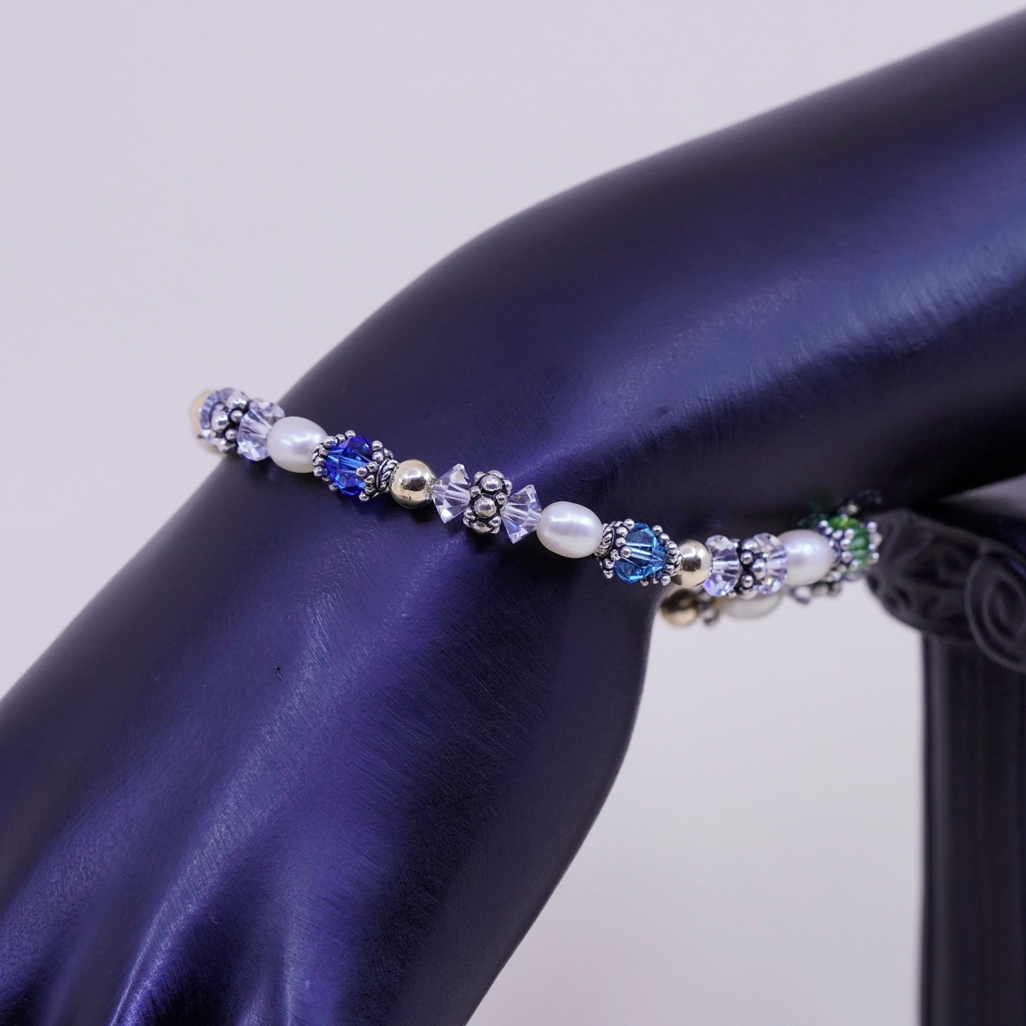 6.75”, Vintage handmade bracelet, pearl crystal with 14K gold beads
