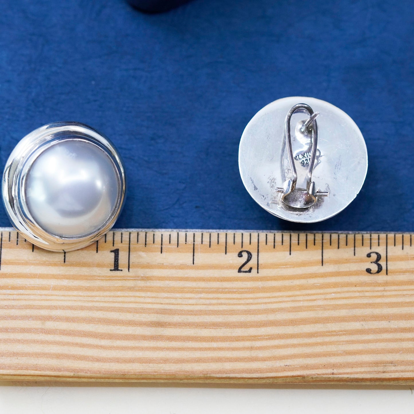 Vintage sterling silver handmade earrings, 925 round studs with pearl