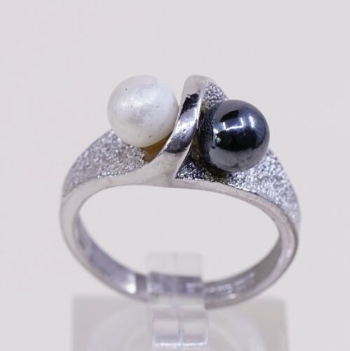 Size 6.75, Vtg ESPO Sterling 925 Silver Ring with Hematite N Pearl, Stamped Ster