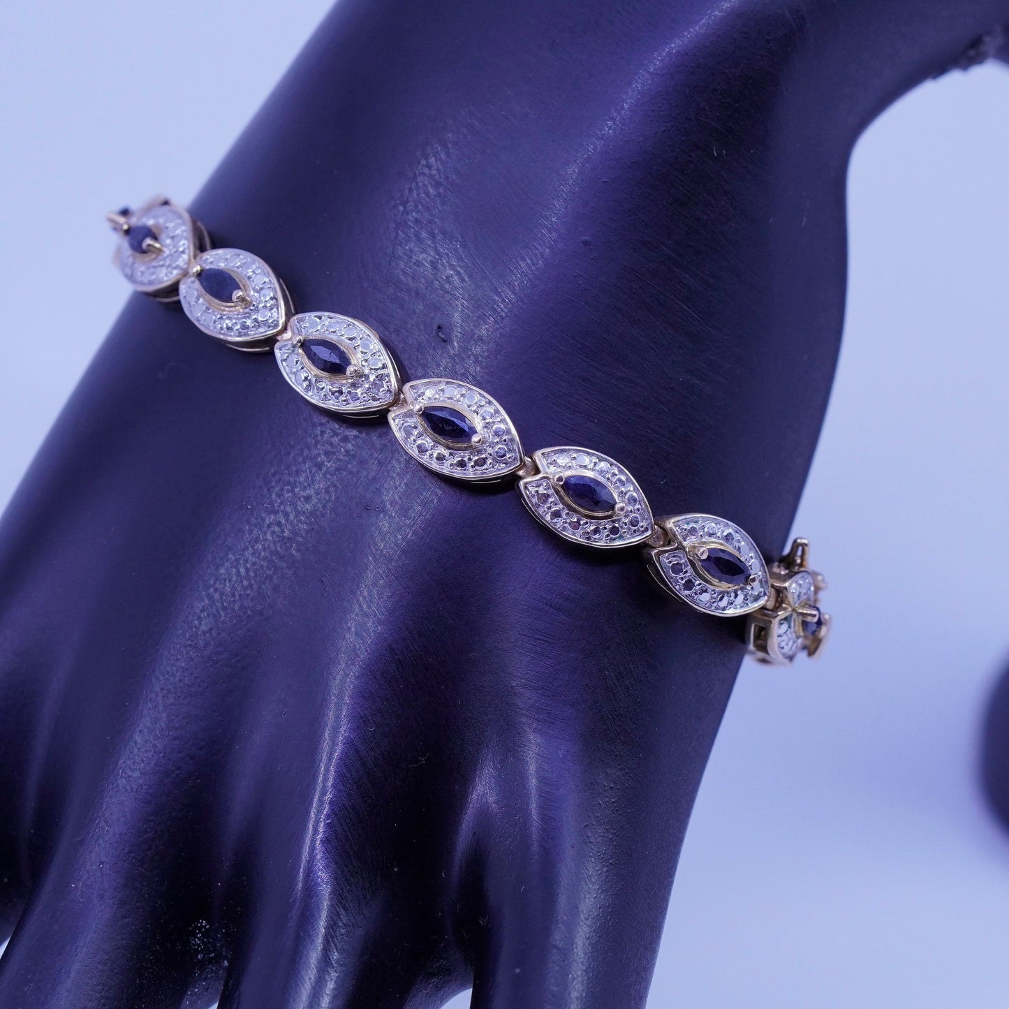 7”, vermeil gold Sterling 925 silver tennis bracelet chain sapphire diamond