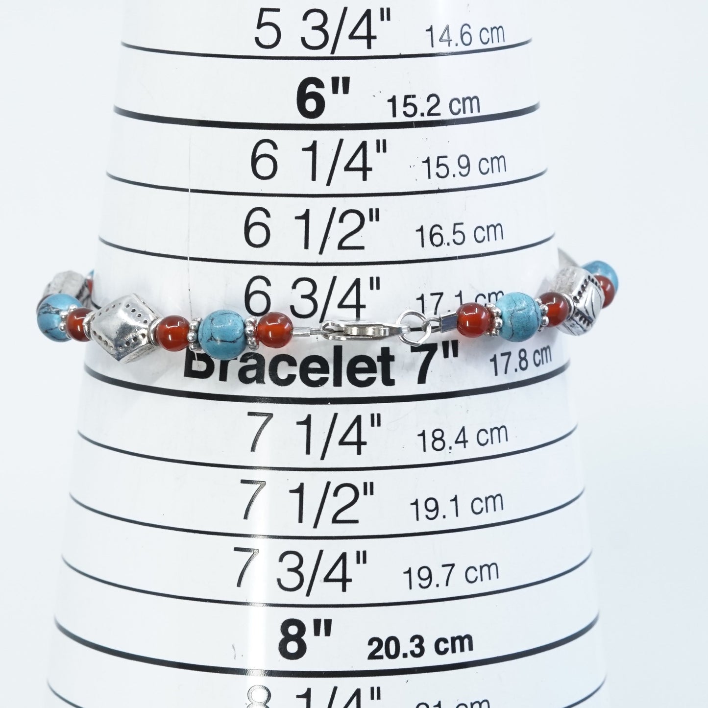 6.75”, vtg sterling silver handmade bracelet, 925 w/ turquoise N carnelian bead