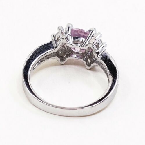 Sz 6.5, Vtg Sterling 925 Silver Ring W/ Pink Heart Cz Inlay, Stamped 925