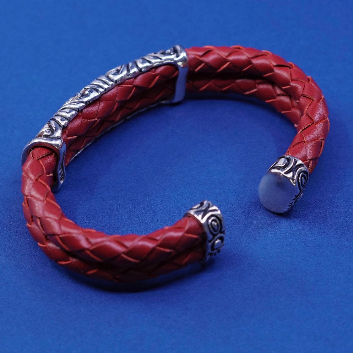 5.5", Sterling silver handmade bracelet, 925 cuff braided red leather wrapped